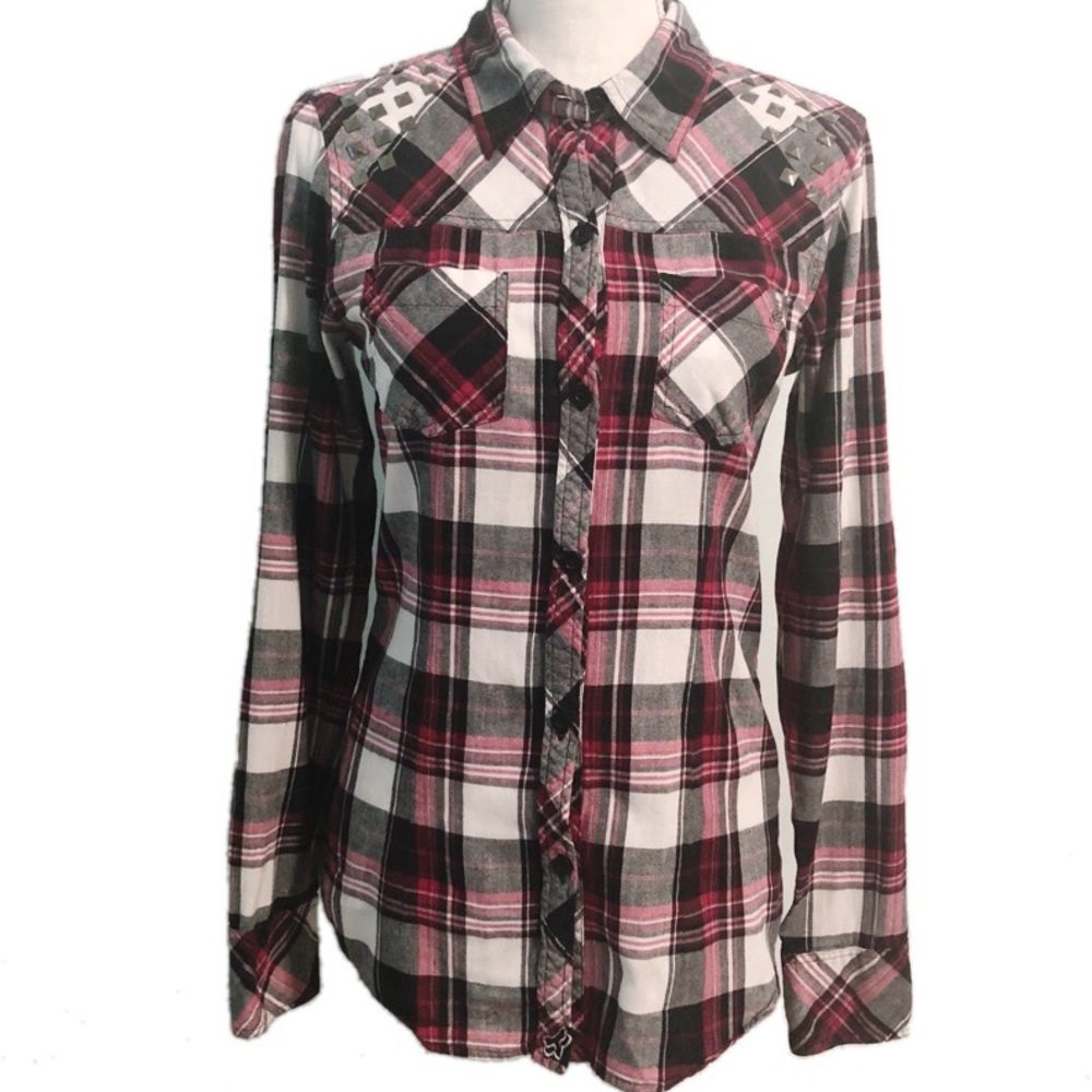 FOX BLK Red & White Flannel Shirt w/ Metal Studs M